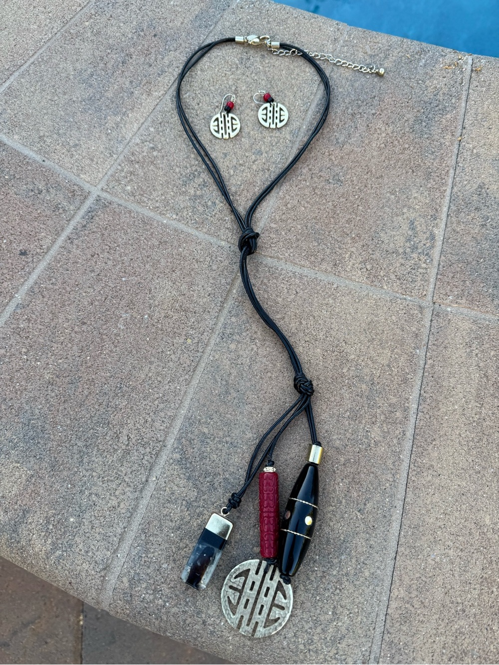 Chico's Black and Red Necklace with Coin Charm and matching earrings